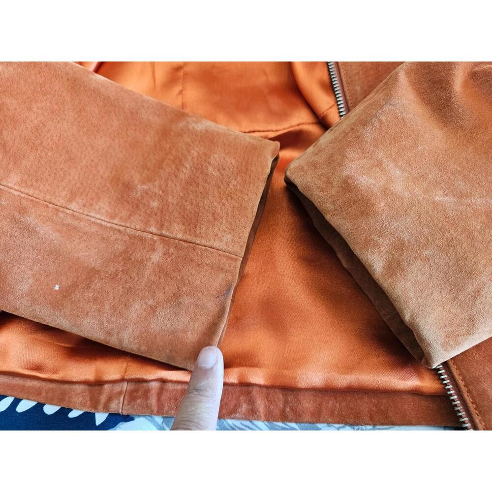 Women s Vintage Suede Clio Full Zip Up Jacket Orange Size 10 Padded Shoulders - Picture 16 of 16
